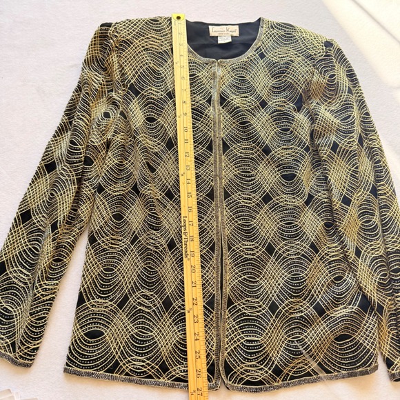 VTG Silk Glam Beaded Cardigan Black Gold Geometric Open Front Long Sleeve - Picture 9 of 14